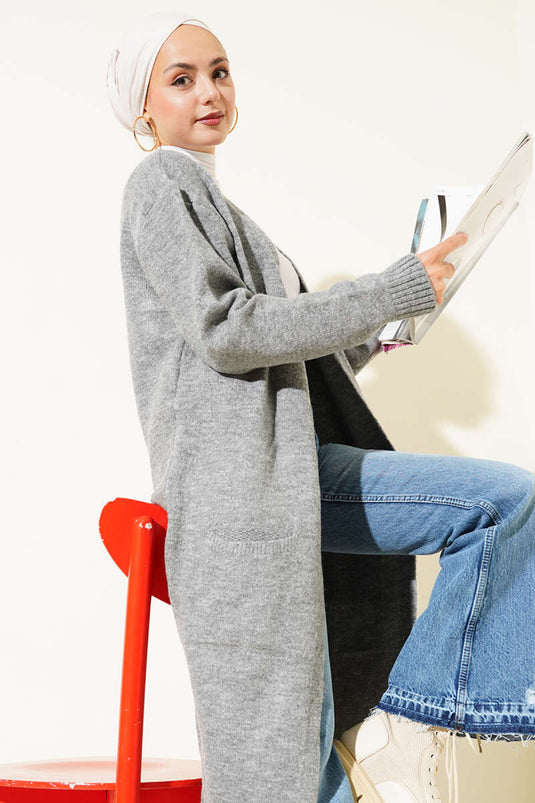 Long Knitted Cardigan with Pockets, Grey