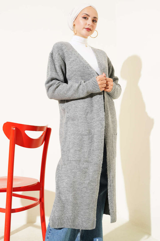Langer Strickcardigan mit Taschen, Grau
