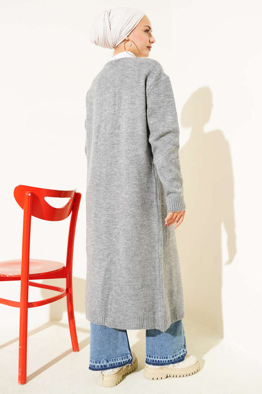 Langer Strickcardigan mit Taschen, Grau
