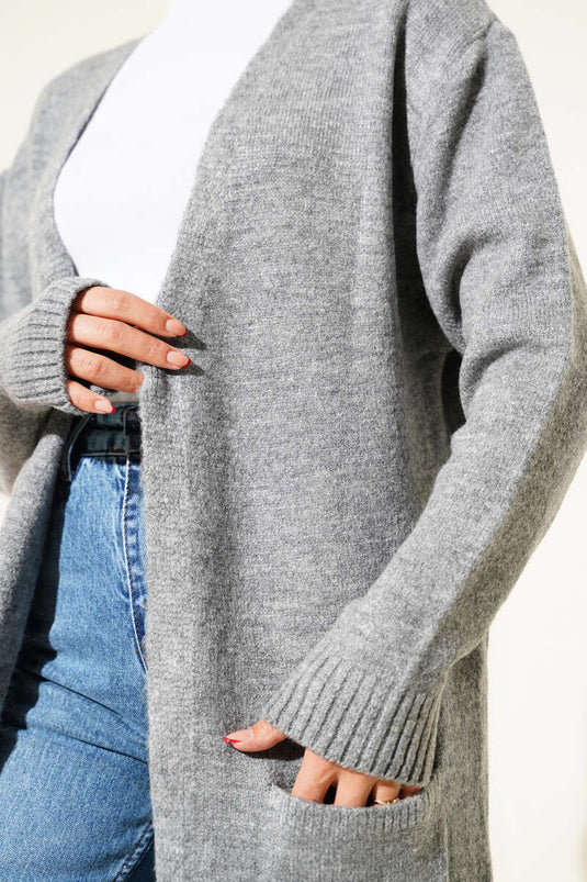 Long Knitted Cardigan with Pockets, Grey