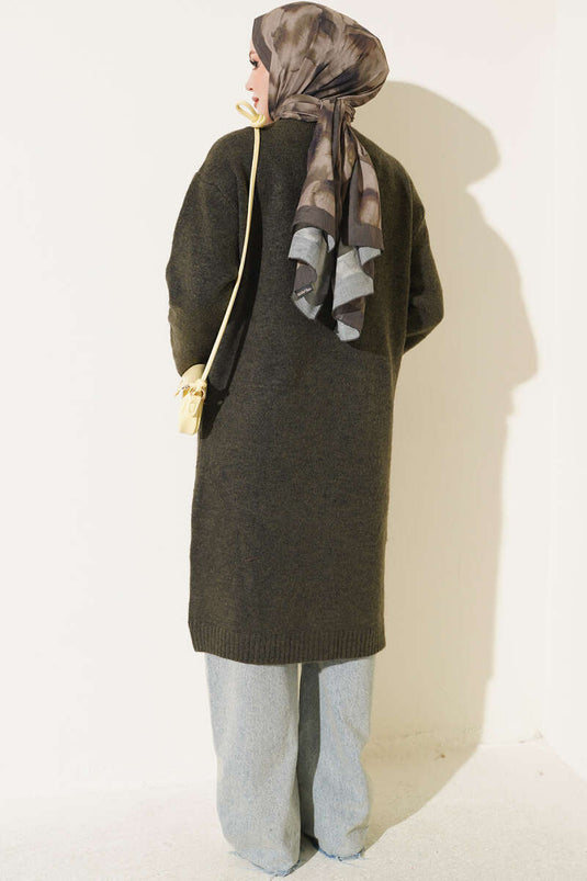 Cardigan Lungo In Maglia Con Tasche In Khaki