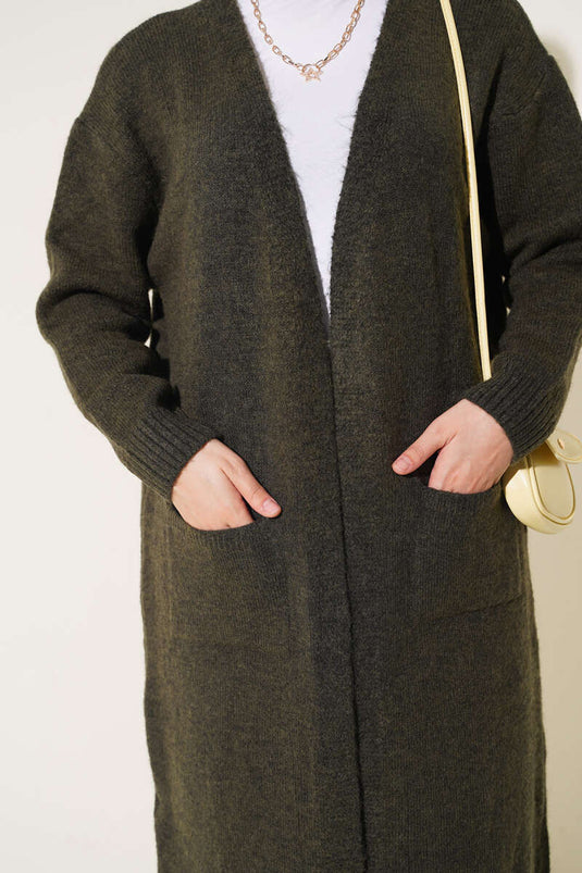 Cardigan Lungo In Maglia Con Tasche In Khaki