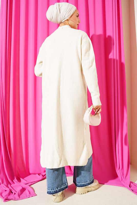 Cardigan Lungo In Maglia Con Tasche E Decorazioni