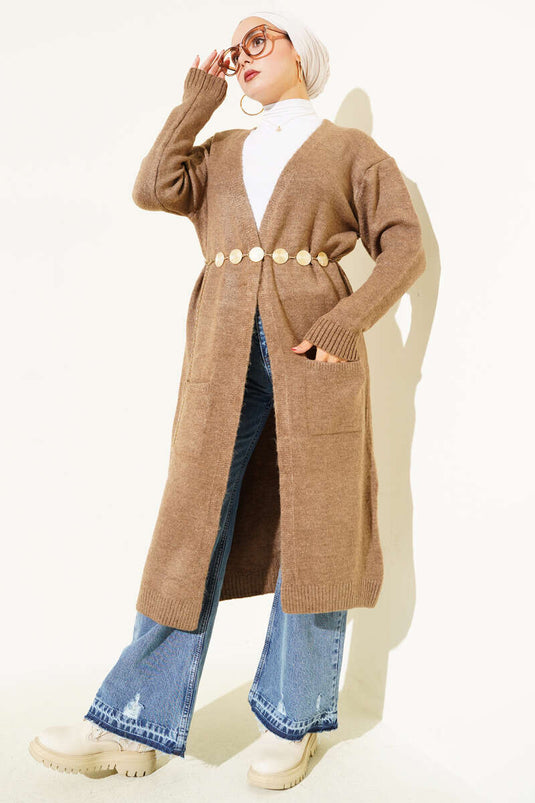 Cepli Uzun Triko Hırka Vizon