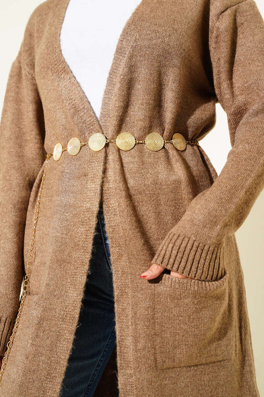 Cepli Uzun Triko Hırka Vizon