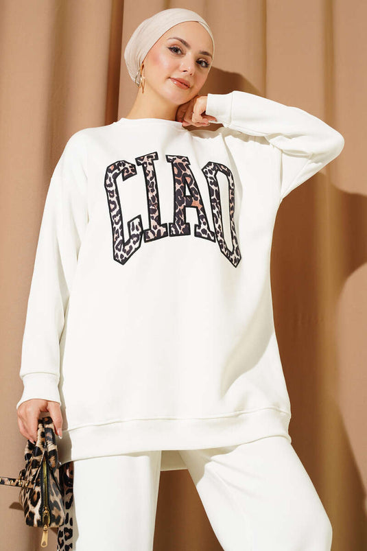 Ensemble deux pièces Ciao imprimé léopard, trois fils, blanc