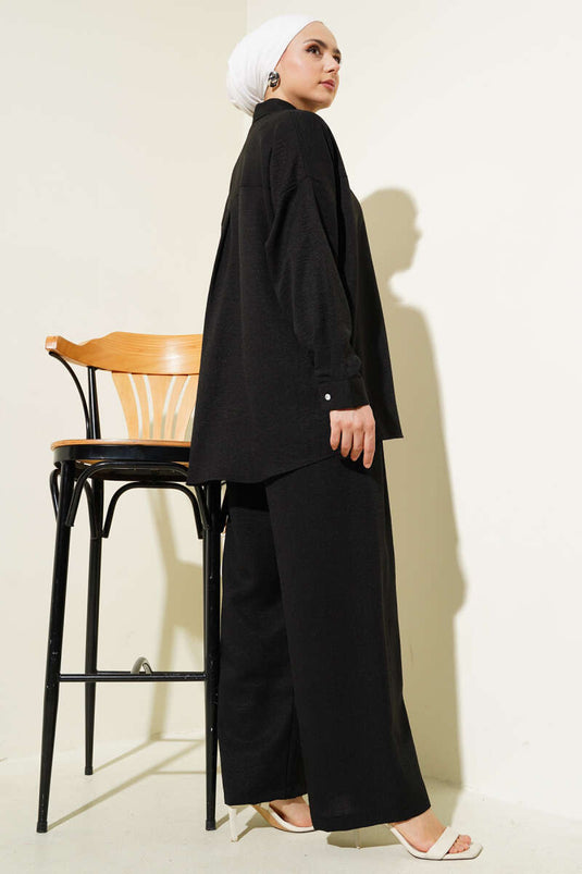 Çiçek Aksesuarlı Tunik İkili Takım Siyah