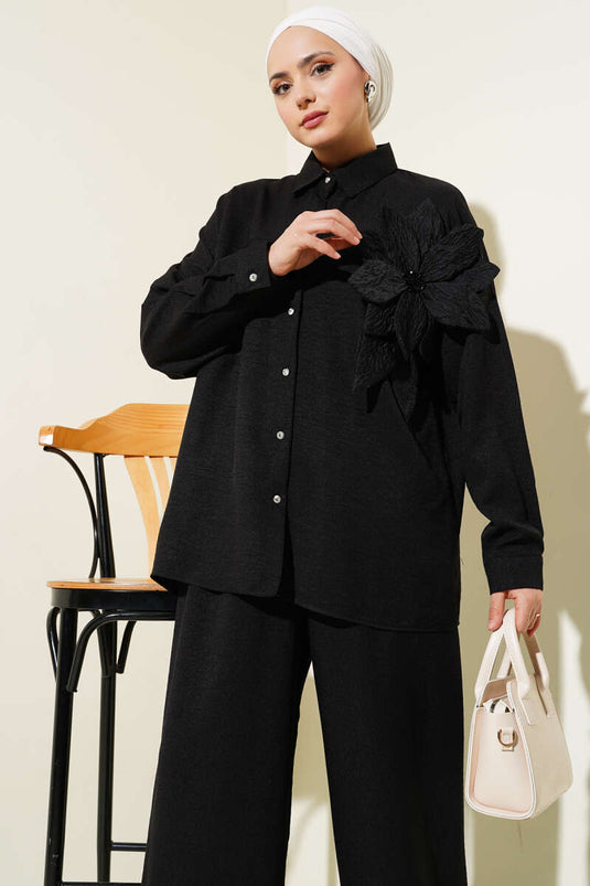 Çiçek Aksesuarlı Tunik İkili Takım Siyah