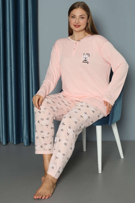 Ensemble pyjama grande taille à fleurs et boutons, motif gueule de chaton