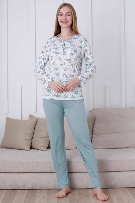 Floral Printed Buttoned Viscose Pajama Set Mint