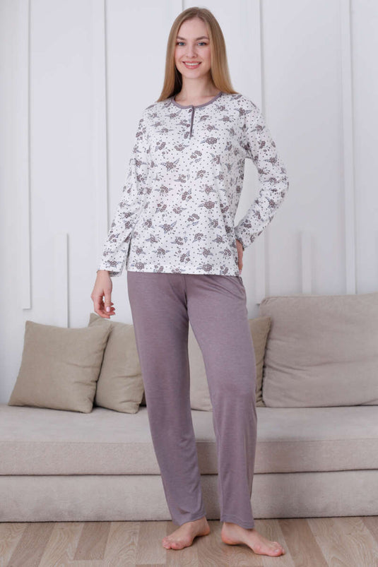 Floral Printed Buttoned Viscose Pajama Set Mink