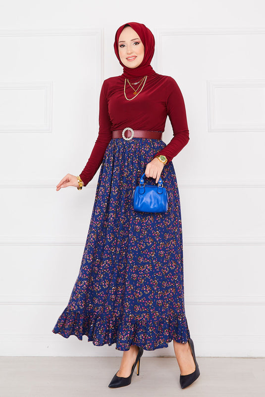 Jupe hijab en viscose à volants et imprimé floral bleu marine