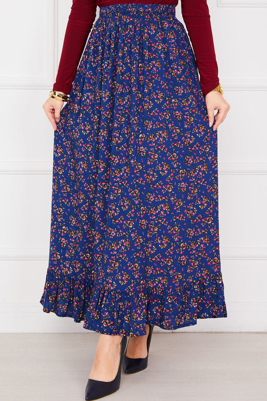 Jupe hijab en viscose à volants et imprimé floral bleu marine