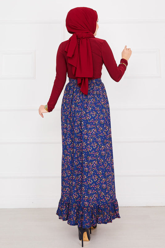 Jupe hijab en viscose à volants et imprimé floral bleu marine