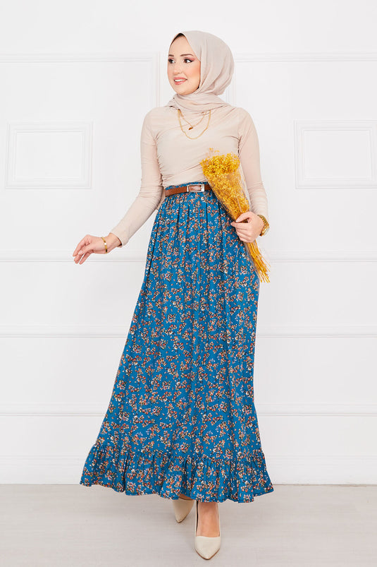 Jupe hijab en viscose à volants et imprimé floral, bleu pétrole