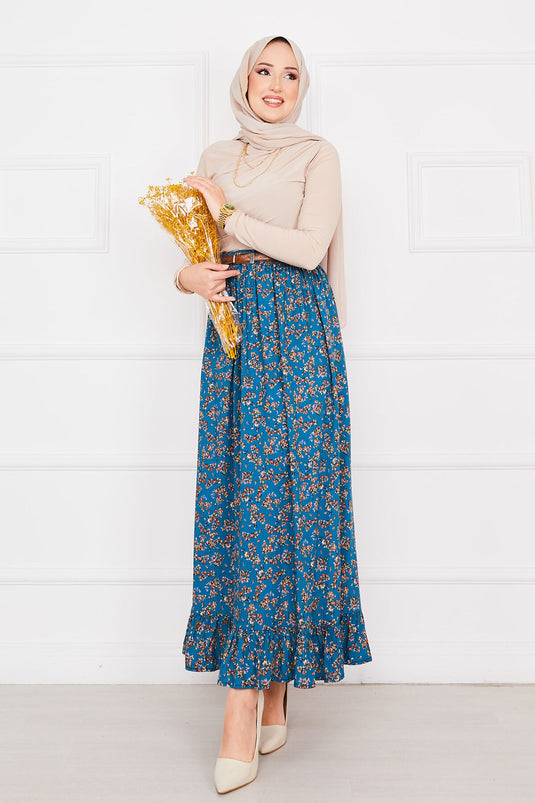 Jupe hijab en viscose à volants et imprimé floral, bleu pétrole