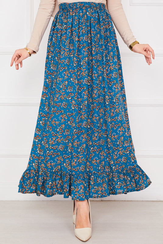 Jupe hijab en viscose à volants et imprimé floral, bleu pétrole