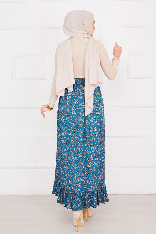 Jupe hijab en viscose à volants et imprimé floral, bleu pétrole