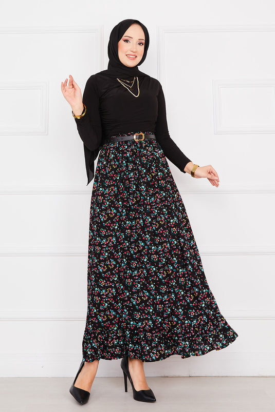 Jupe hijab à volants en viscose à imprimé floral noir