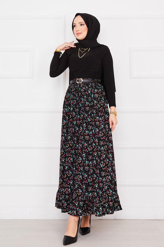 Jupe hijab à volants en viscose à imprimé floral noir