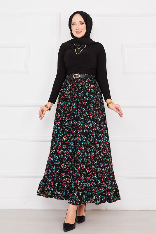 Jupe hijab à volants en viscose à imprimé floral noir