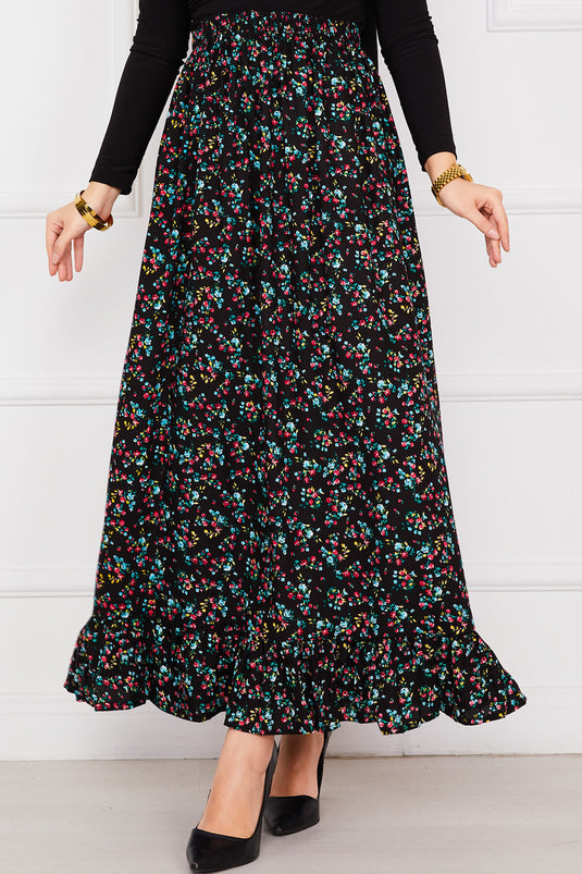 Jupe hijab à volants en viscose à imprimé floral noir