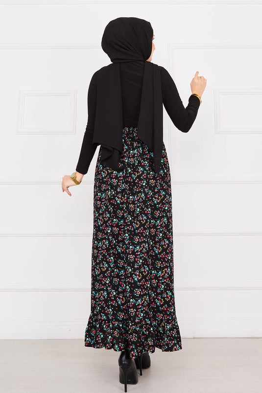 Jupe hijab à volants en viscose à imprimé floral noir