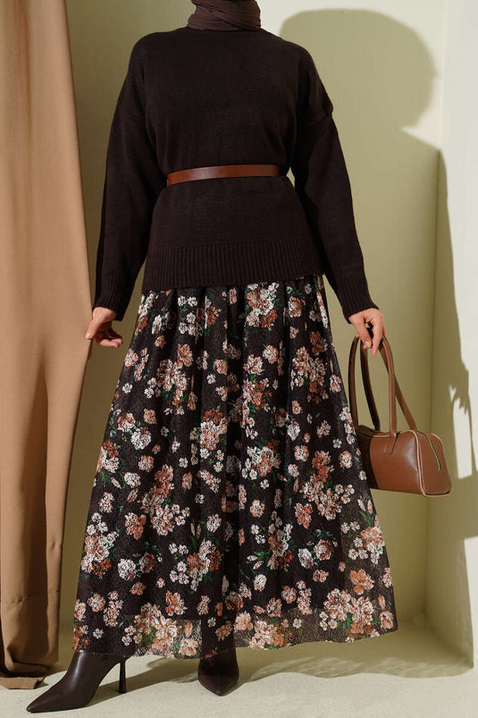 Gonna in pizzo con stampa floreale marrone