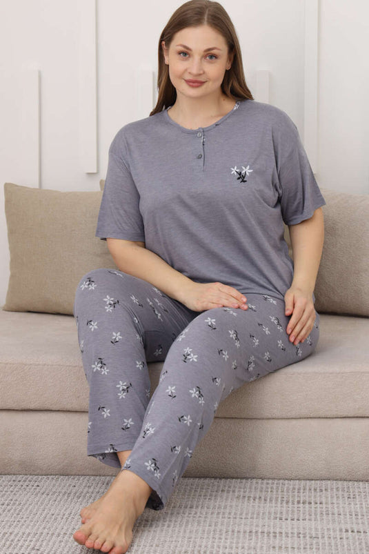 Pyjama-Set in Übergröße mit Blumenmuster und kurzen Ärmeln, Flieder