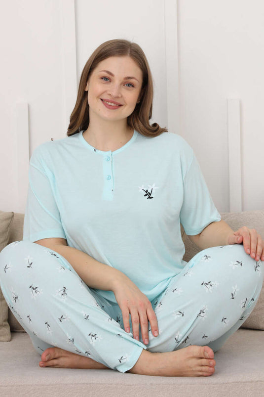 Pyjama-Set in Übergröße mit Blumenmuster, kurzärmelig, mintfarben