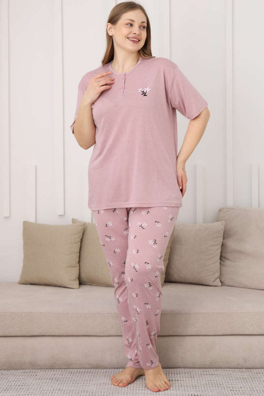 Pyjama-Set in Übergröße mit Blumenmuster und kurzen Ärmeln, puderfarben