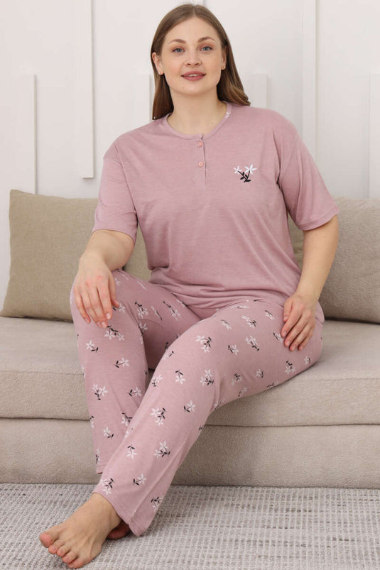 Pyjama-Set in Übergröße mit Blumenmuster und kurzen Ärmeln, puderfarben