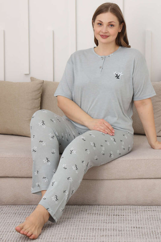Pyjama-Set in Übergröße mit Blumenmuster, Kurzarm, Aquagrün