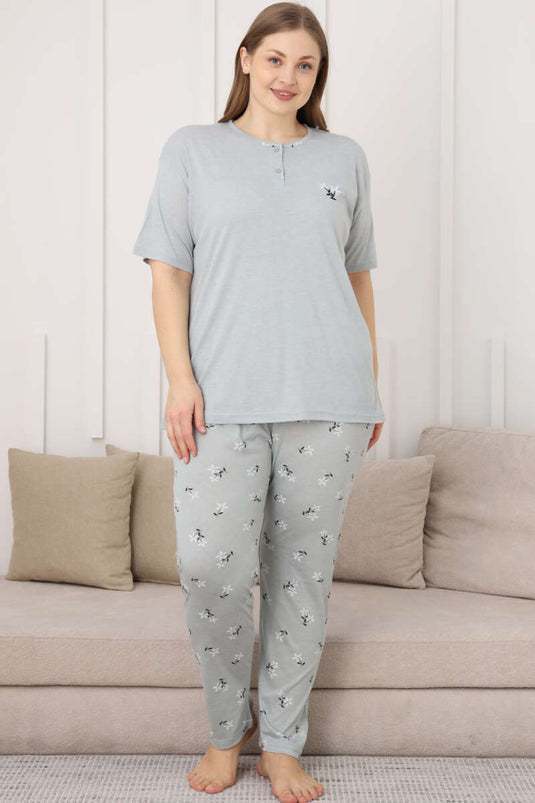 Pyjama-Set in Übergröße mit Blumenmuster, Kurzarm, Aquagrün