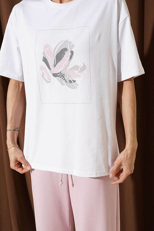 Çiçek Baskılı Loyşa T-shirt İkili Takım Pudra