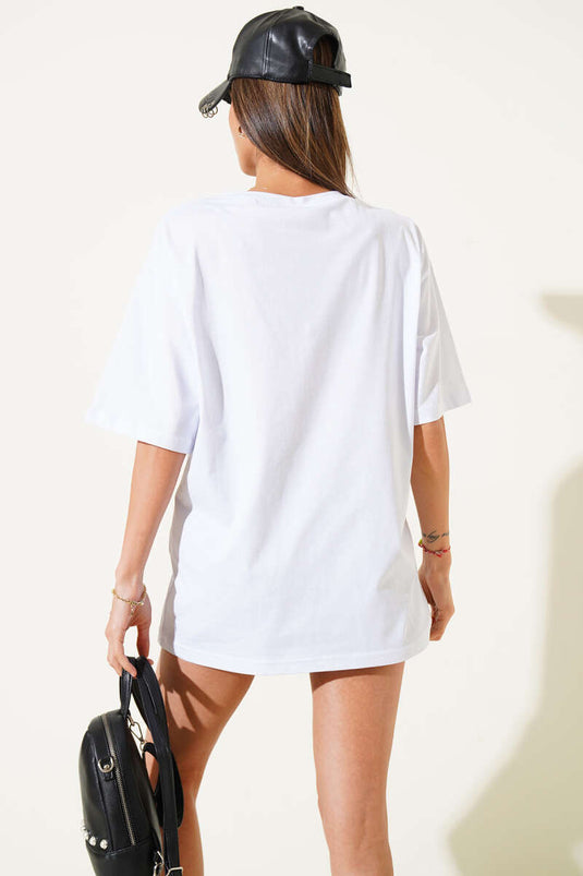 T-shirt blanc à sequins imprimés de fleurs