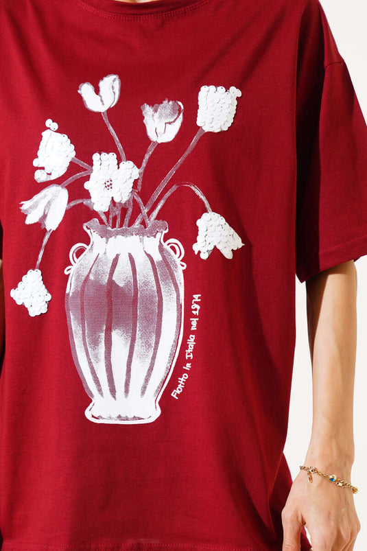Çiçek Baskılı Pullu T-shirt Bordo