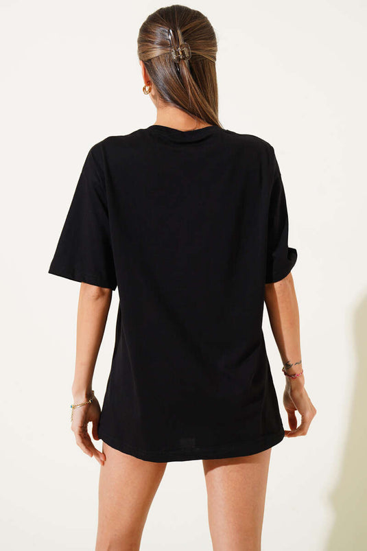 Çiçek Baskılı Pullu T-shirt Siyah