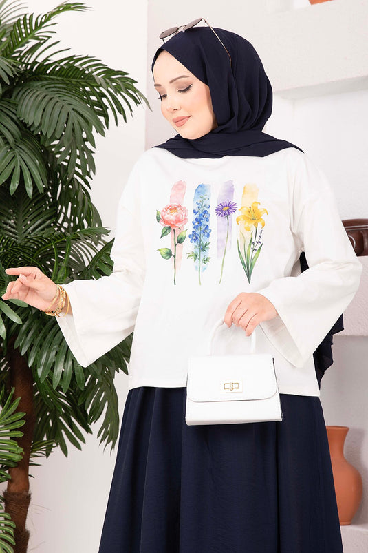 Bluse Mit Blumenmuster - Tunika Ecru