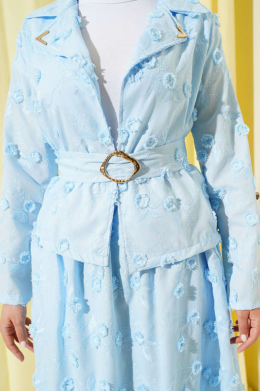 Çiçek Brodeli Kuşaklı Etekli İkili Takım Bebe Mavi