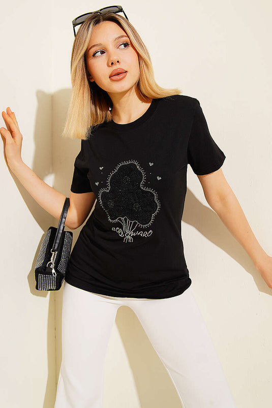 Çiçek Buketli Taşlı T-shirt Siyah