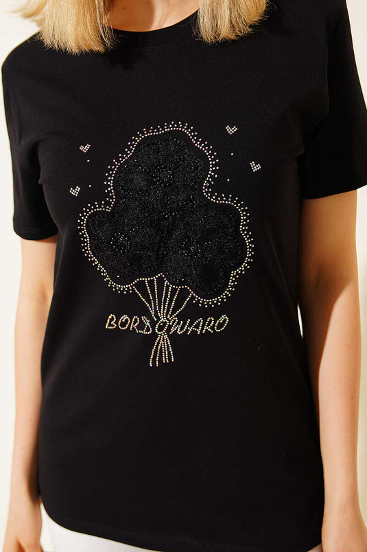Çiçek Buketli Taşlı T-shirt Siyah