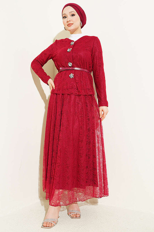 Çiçek Çıtçıtlı Dantelli Etekli İkili Takım Bordo