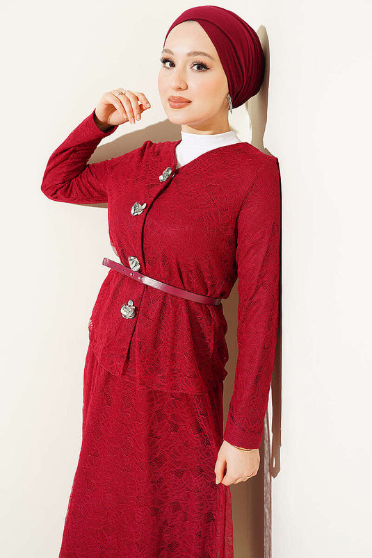 Çiçek Çıtçıtlı Dantelli Etekli İkili Takım Bordo