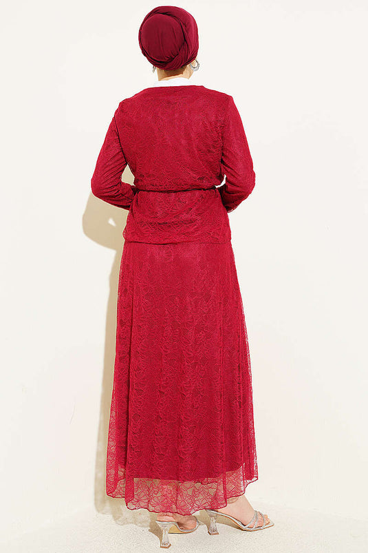Çiçek Çıtçıtlı Dantelli Etekli İkili Takım Bordo