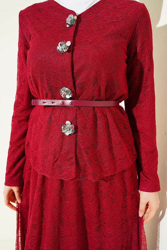 Çiçek Çıtçıtlı Dantelli Etekli İkili Takım Bordo