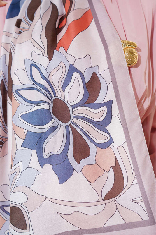 Zachte sjaal met bloemen- en strepenmotief, beige