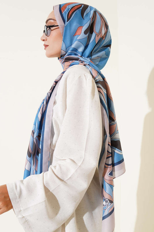 Çiçek Çizgili Soft Şal Mavi