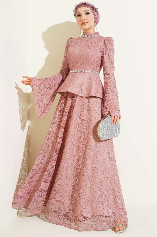 Ensemble de soirée deux pièces avec dentelle fleurie et pierres, couleur vieux rose