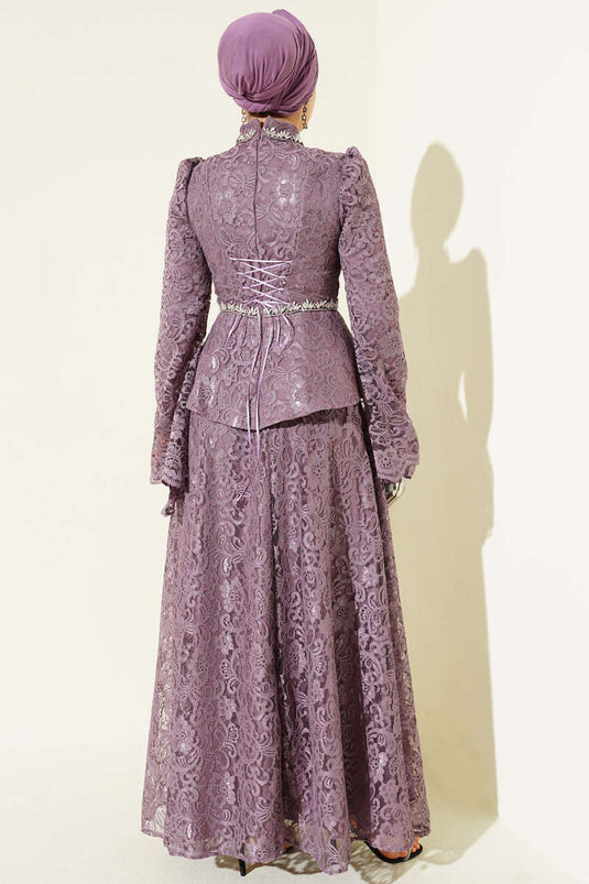 Floral Lace and Stone-Embellished Evening Two-Piece Set Lilac